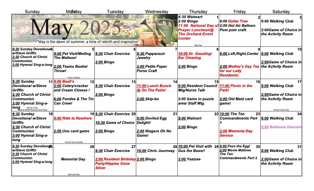 Community Calendar May 2025 Activities Calendar at Eagle Crest Villa